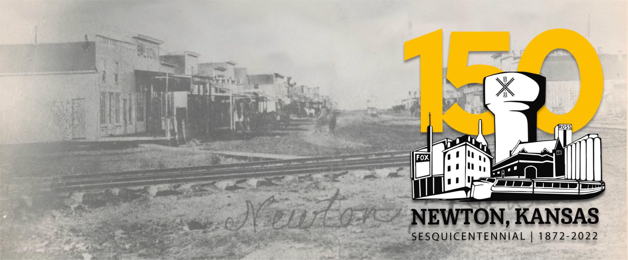 Historic photo of downtown Newton with 150 logo